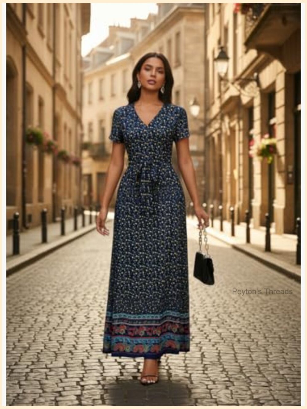 V-Neck Short Sleeve Maxi Dress with Self-Tie Belt and Pockets - Picture 4 of 6